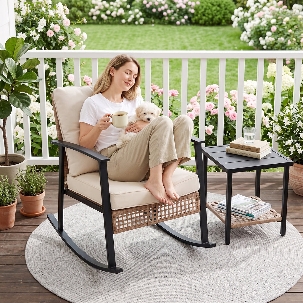 WASUHE 3 PCS Wicker Rocking Chair with Thick Cushions, Ergonomic Back Armrest Rocker Chairs for Porch Backyard Lawn Garden, Beige