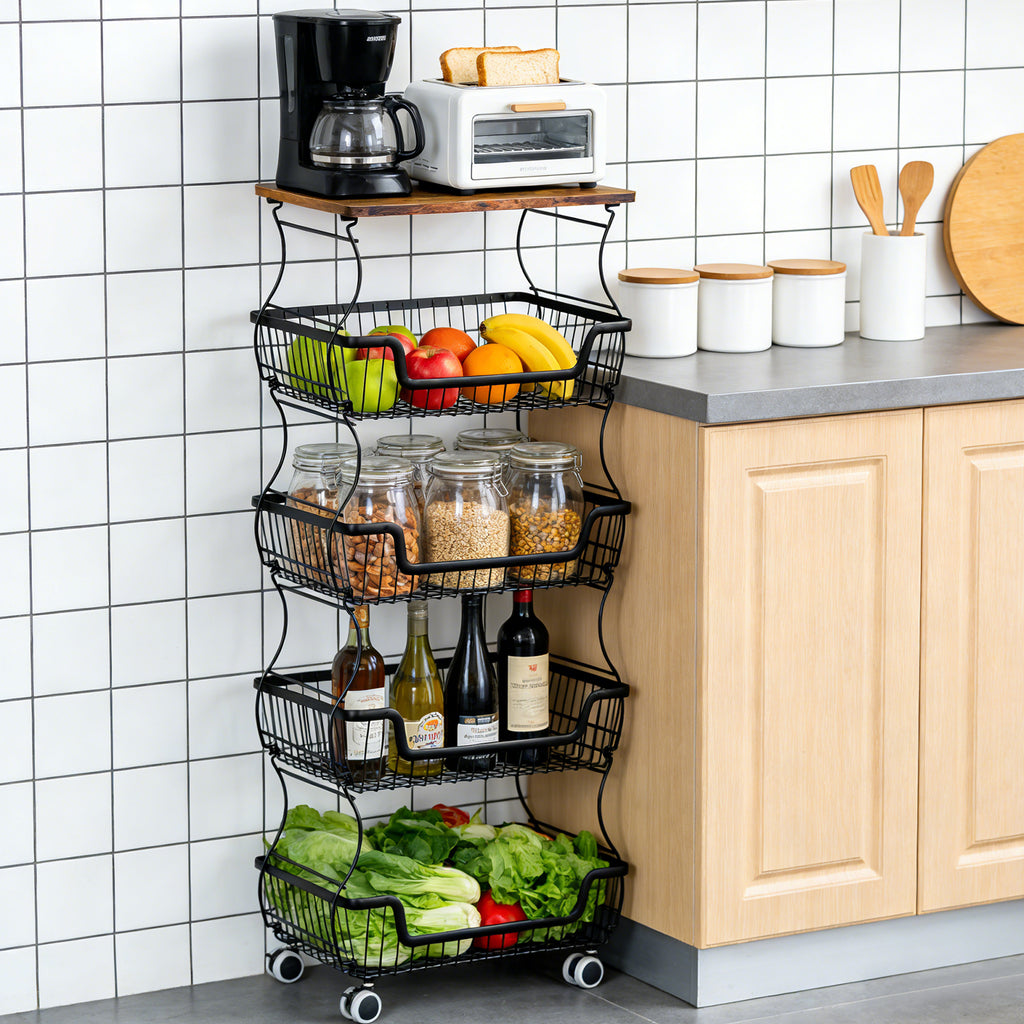 WASUHE Utility Rolling Cart, with Lockable Wheels,Fruit Vegetable Storage Basket Organizer Cart, Metal Storage Trolley for Kitchen Black