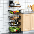 WASUHE Utility Rolling Cart, with Lockable Wheels,Fruit Vegetable Storage Basket Organizer Cart, Metal Storage Trolley for Kitchen Black