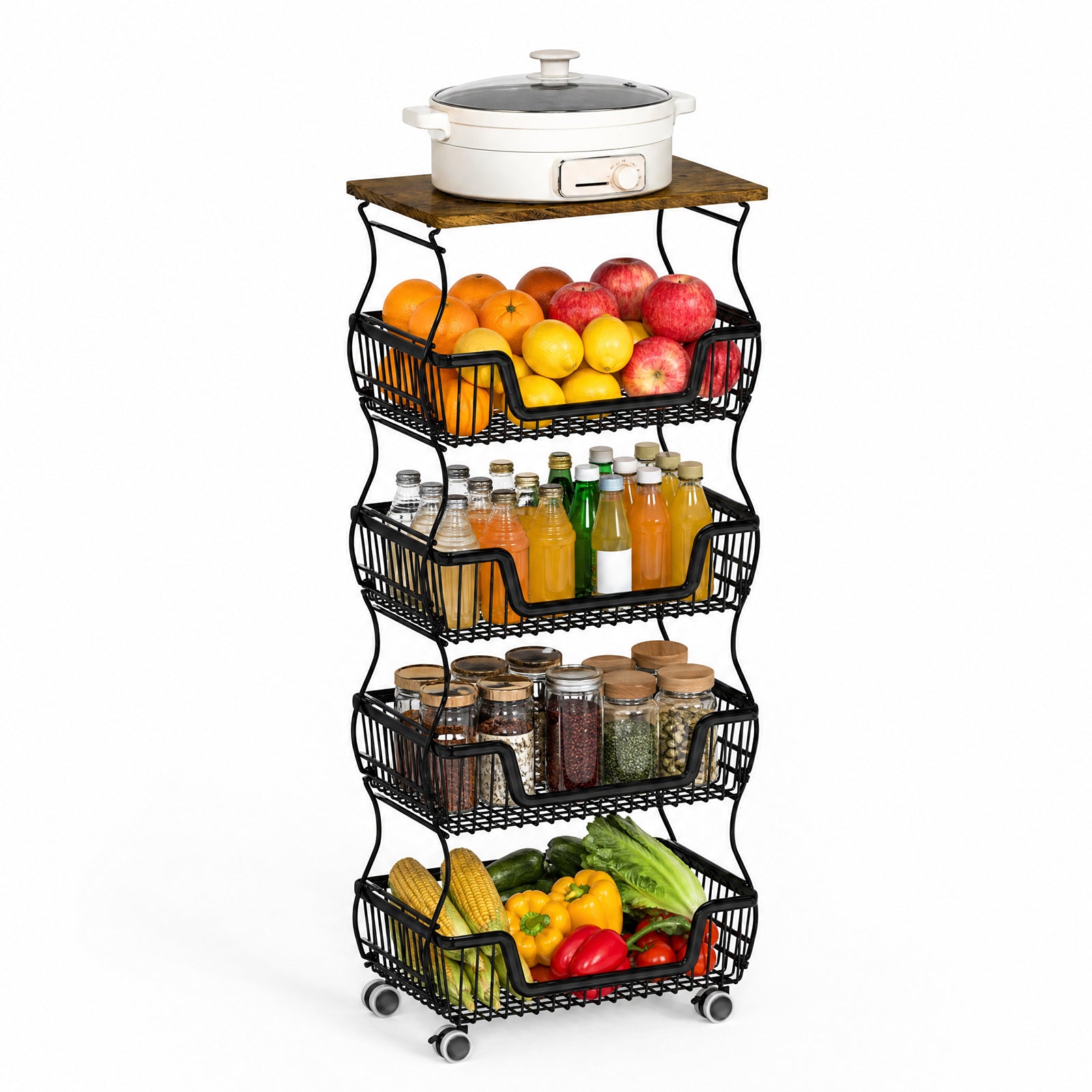 Fruit Basket Vegetable Storage Cart with Wooden Lid for Kitchen, 4-Tier Stackable Wire Fruit Organizer Stand on Wheel, Storage Stand for Vegetables, Snacks, Berverage