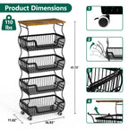 WASUHE Utility Rolling Cart, with Lockable Wheels,Fruit Vegetable Storage Basket Organizer Cart, Metal Storage Trolley for Kitchen Black