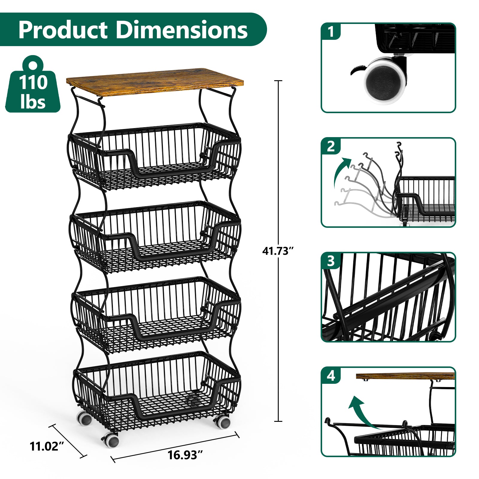 WASUHE Utility Rolling Cart, with Lockable Wheels,Fruit Vegetable Storage Basket Organizer Cart, Metal Storage Trolley for Kitchen Black