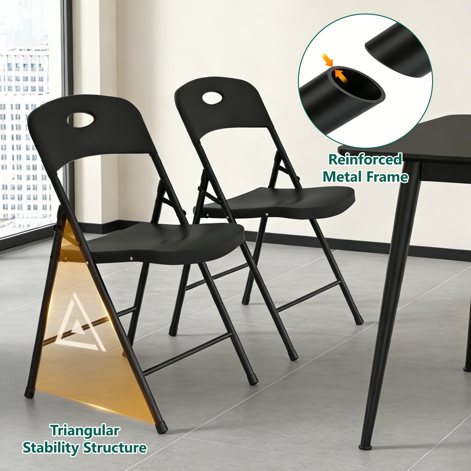 WASUHE Black Folding Chairs with Enhanced Iron Frame, Outdoor Plastic Stackable Foldable Chairs for Outside, Indoor, Party, Wedding, Meeting Room, Patio, Garden, Weight Capacity 350 lbs