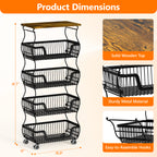 Fruit Basket Vegetable Storage Cart with Wooden Lid for Kitchen, 4-Tier Stackable Wire Fruit Organizer Stand on Wheel, Storage Stand for Vegetables, Snacks, Berverage
