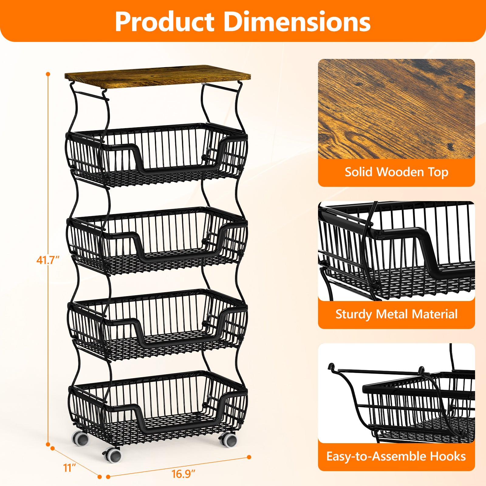 Fruit Basket Vegetable Storage Cart with Wooden Lid for Kitchen, 4-Tier Stackable Wire Fruit Organizer Stand on Wheel, Storage Stand for Vegetables, Snacks, Berverage