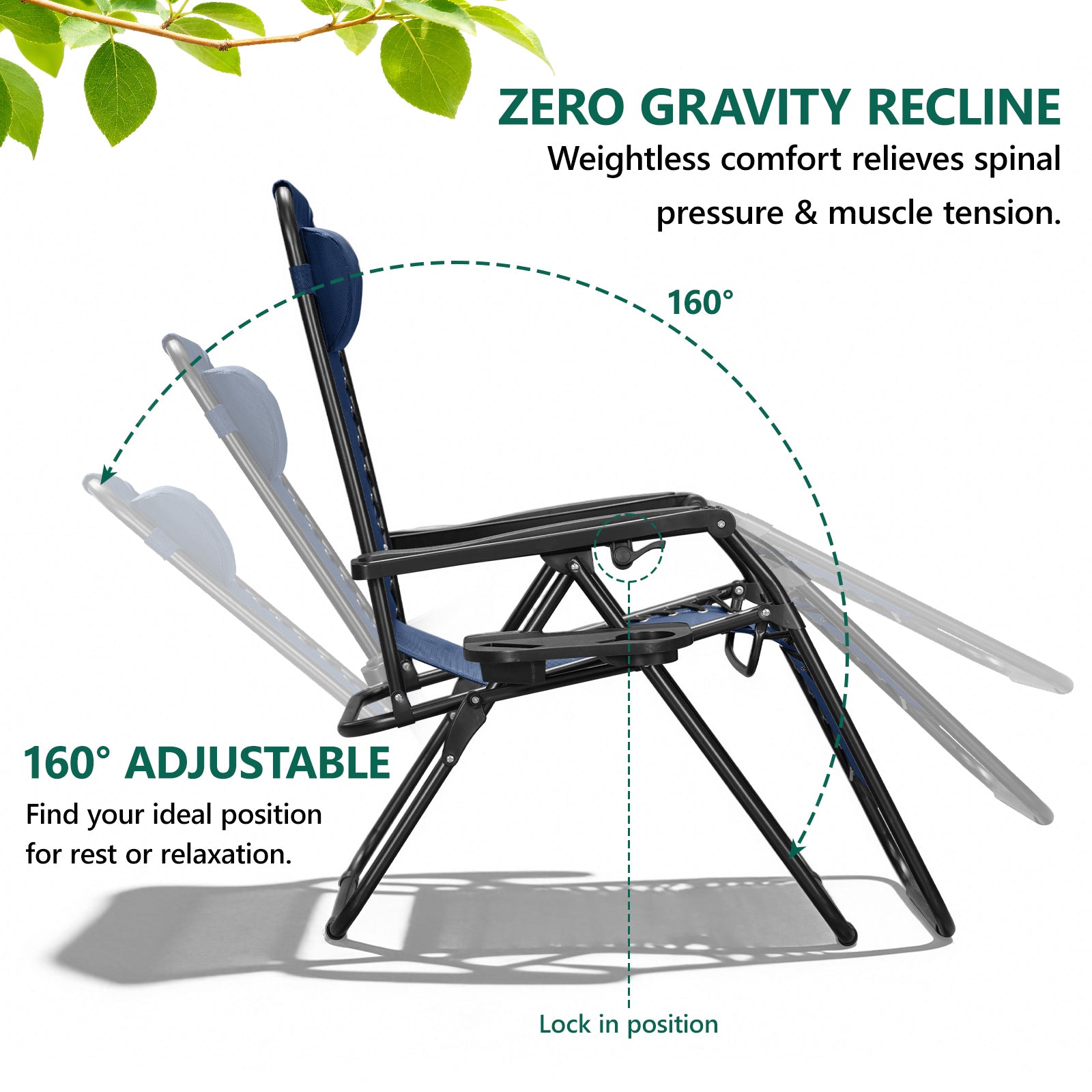 Zero Gravity Chair Set of 2 with Cup Holder & Removable Pillows, Adjustable Reclining Outdoor Patio Folding Chairs, Portable Lounge Chair for Poolside, Lawn, Beach, Camping