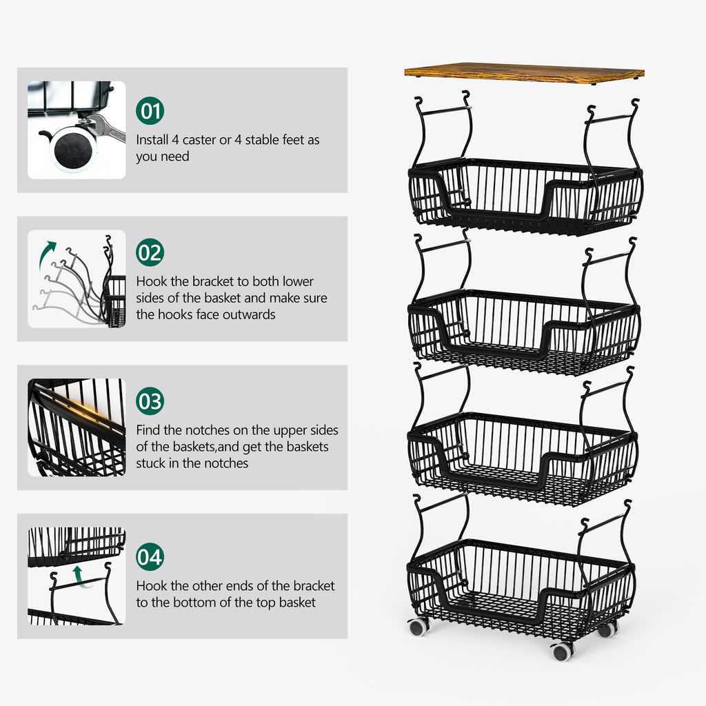 WASUHE Utility Rolling Cart, with Lockable Wheels,Fruit Vegetable Storage Basket Organizer Cart, Metal Storage Trolley for Kitchen Black