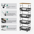 WASUHE Utility Rolling Cart, with Lockable Wheels,Fruit Vegetable Storage Basket Organizer Cart, Metal Storage Trolley for Kitchen Black