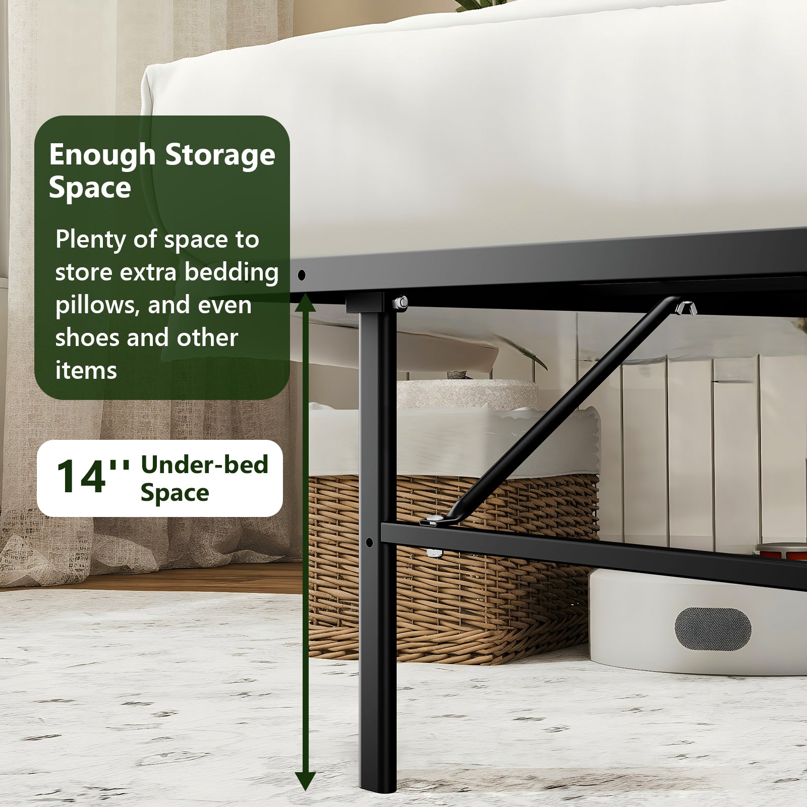 WASUHE 14" Height Queen Bed Frame, Heavy Duty Foldable Metal Platform Bed Frame with Underbed Storage for Bedrooms, No Box Spring Needed, Black