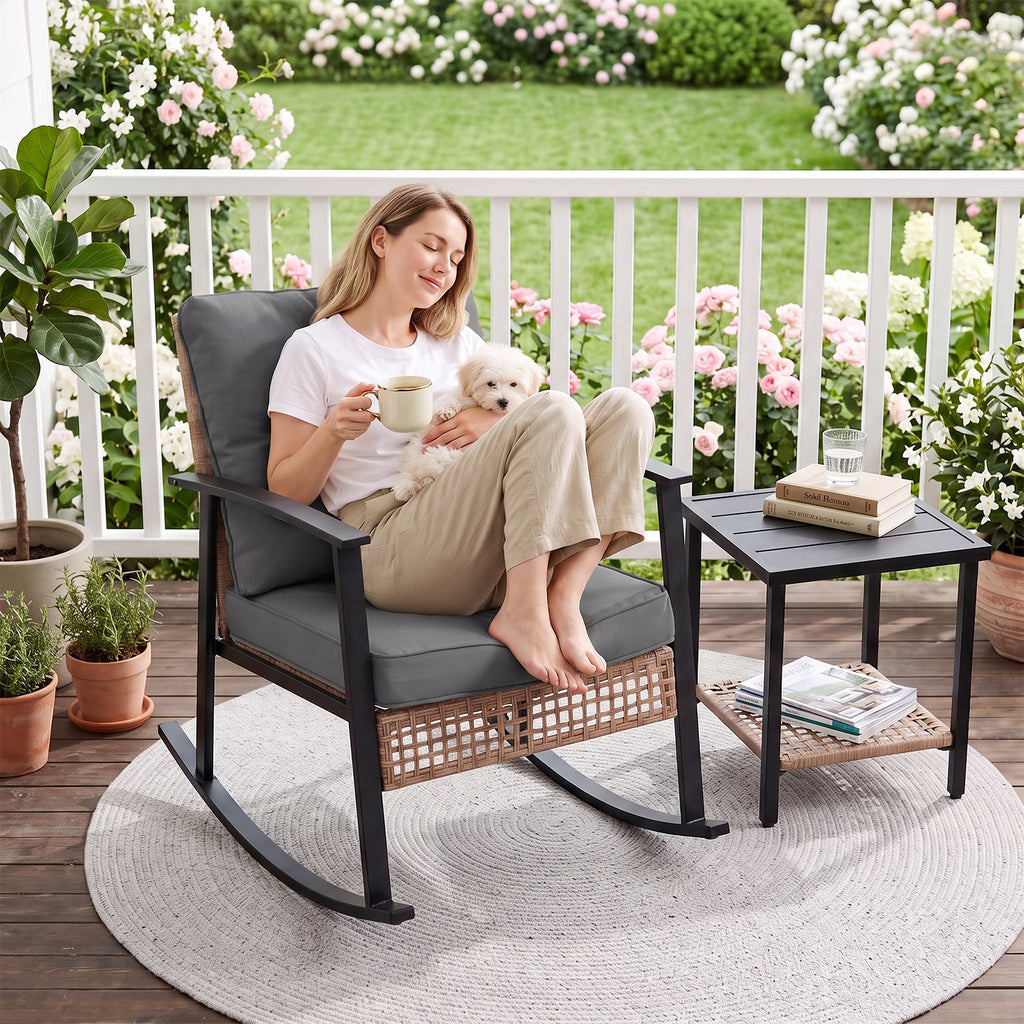 WASUHE 3 PCS Wicker Rocking Chair with Thick Cushions, Ergonomic Back Armrest Rocker Chairs for Porch Backyard Lawn Garden, Beige