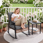 WASUHE 3 PCS Wicker Rocking Chair with Thick Cushions, Ergonomic Back Armrest Rocker Chairs for Porch Backyard Lawn Garden, Beige