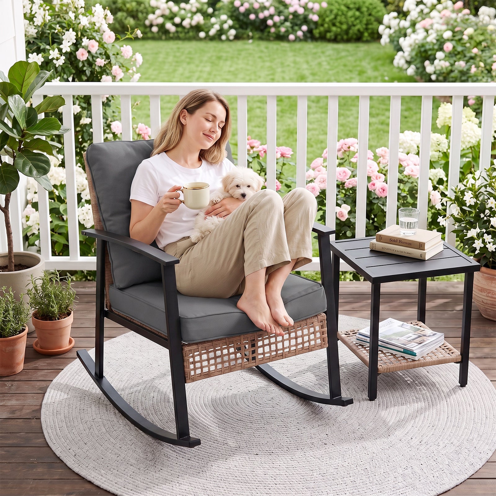 WASUHE 3 PCS Wicker Rocking Chair with Thick Cushions, Ergonomic Back Armrest Rocker Chairs for Porch Backyard Lawn Garden, Beige
