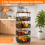 Fruit Basket Vegetable Storage Cart with Wooden Lid for Kitchen, 4-Tier Stackable Wire Fruit Organizer Stand on Wheel, Storage Stand for Vegetables, Snacks, Berverage