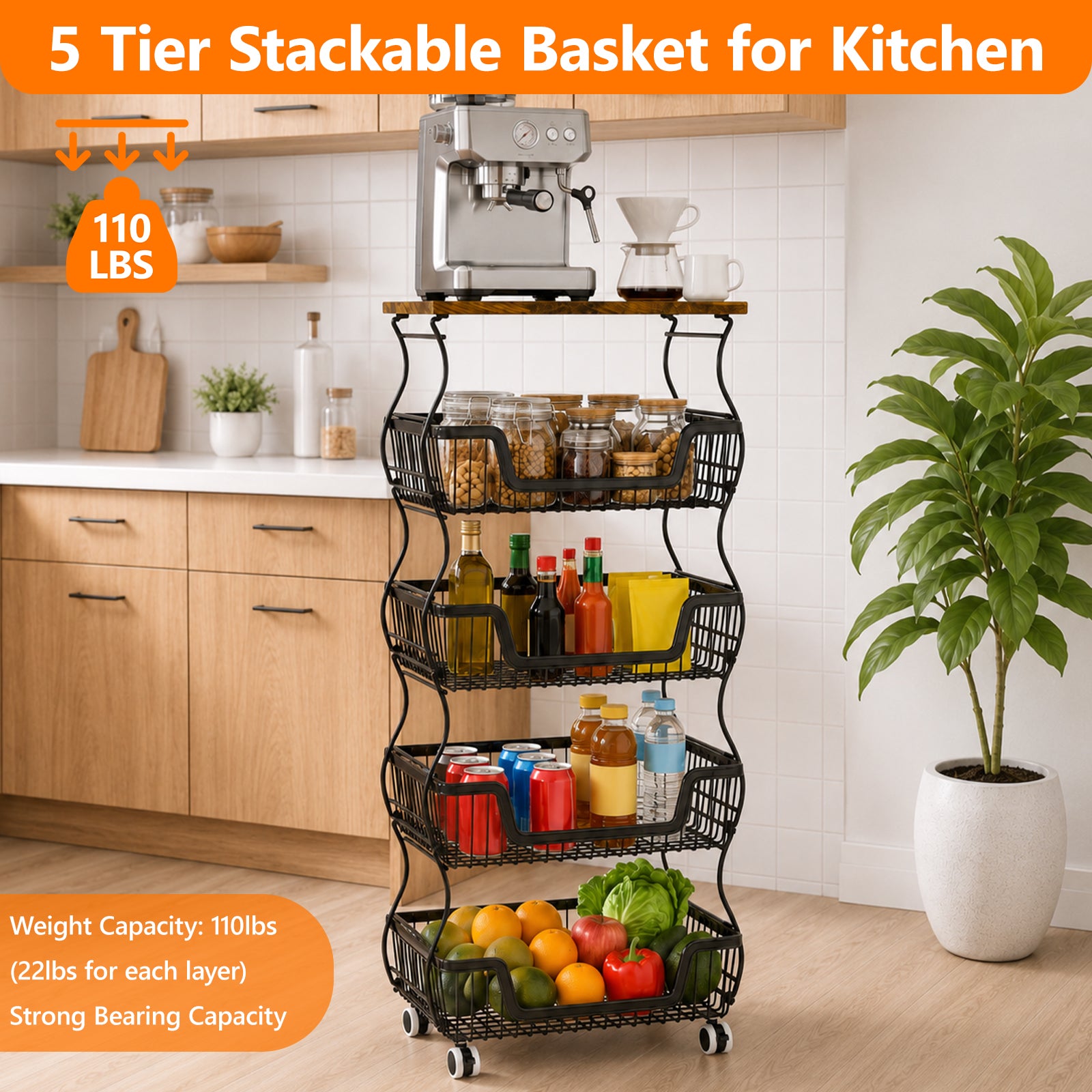 Fruit Basket Vegetable Storage Cart with Wooden Lid for Kitchen, 4-Tier Stackable Wire Fruit Organizer Stand on Wheel, Storage Stand for Vegetables, Snacks, Berverage