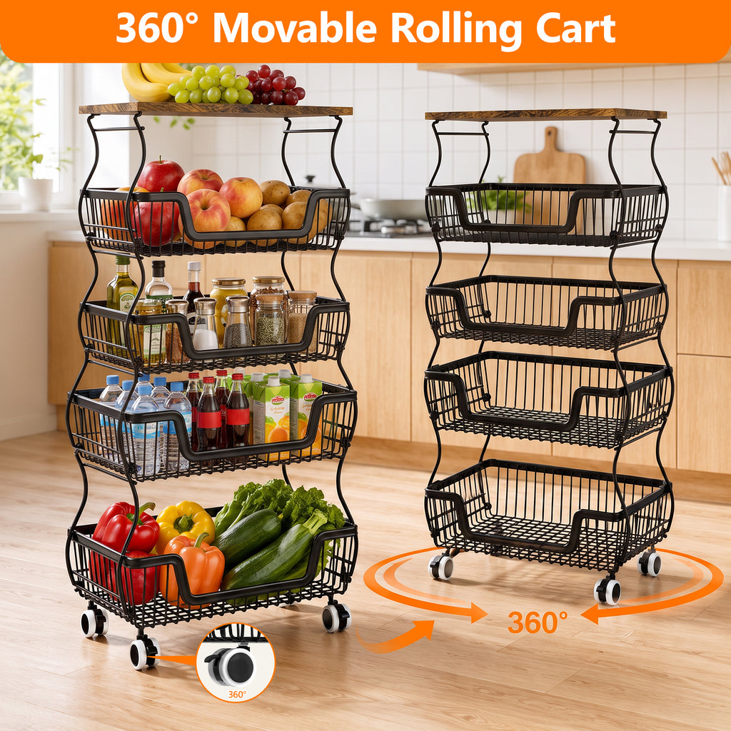 Fruit Basket Vegetable Storage Cart with Wooden Lid for Kitchen, 4-Tier Stackable Wire Fruit Organizer Stand on Wheel, Storage Stand for Vegetables, Snacks, Berverage