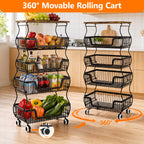 Fruit Basket Vegetable Storage Cart with Wooden Lid for Kitchen, 4-Tier Stackable Wire Fruit Organizer Stand on Wheel, Storage Stand for Vegetables, Snacks, Berverage