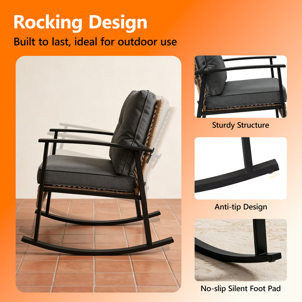 HAIMULI 3 Pieces Outdoor Wicker Rocking Chair Set, Patio Rattan Rocker Chair with Cushions & Steel Frame, All-Weather Rocking Lawn Wicker Furniture for Garden Backyard Porch (Gray)