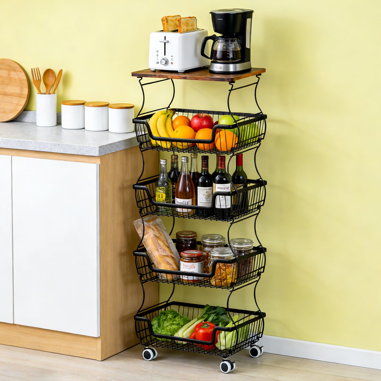 WASUHE Utility Rolling Cart, with Lockable Wheels,Fruit Vegetable Storage Basket Organizer Cart, Metal Storage Trolley for Kitchen Black