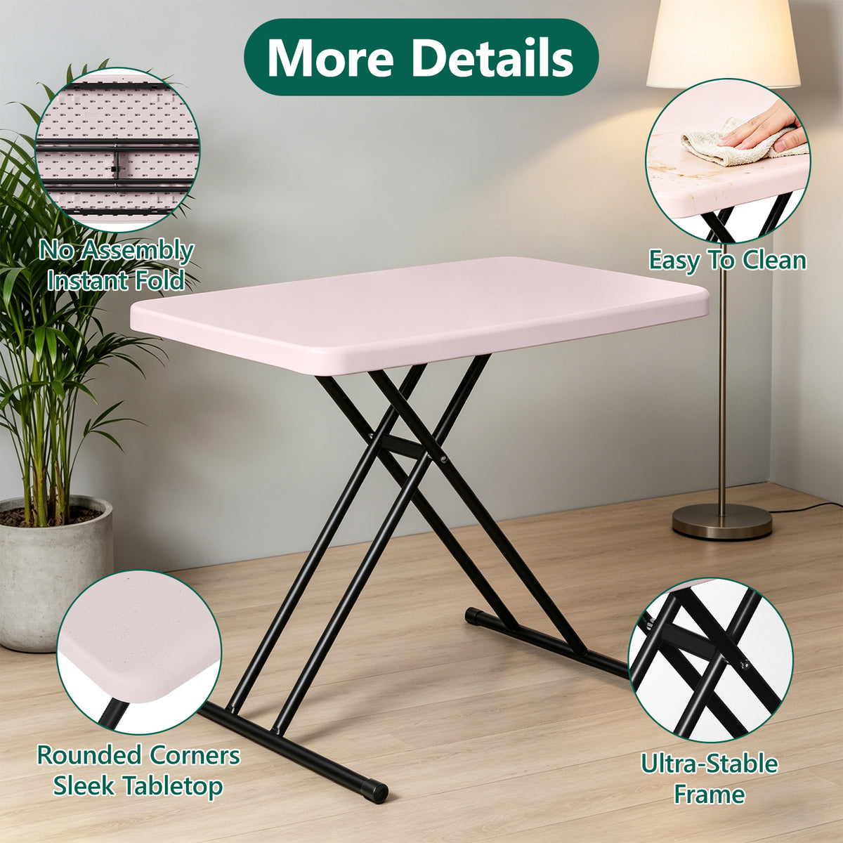 HAIMULI 30 Inch Folding Table TV Tray, Portable Adjustable Height, X-shaped Frame Portable Work Table, Utility Foldable Desk for Small Spaces, Laptop & Couch, Camping, Pink