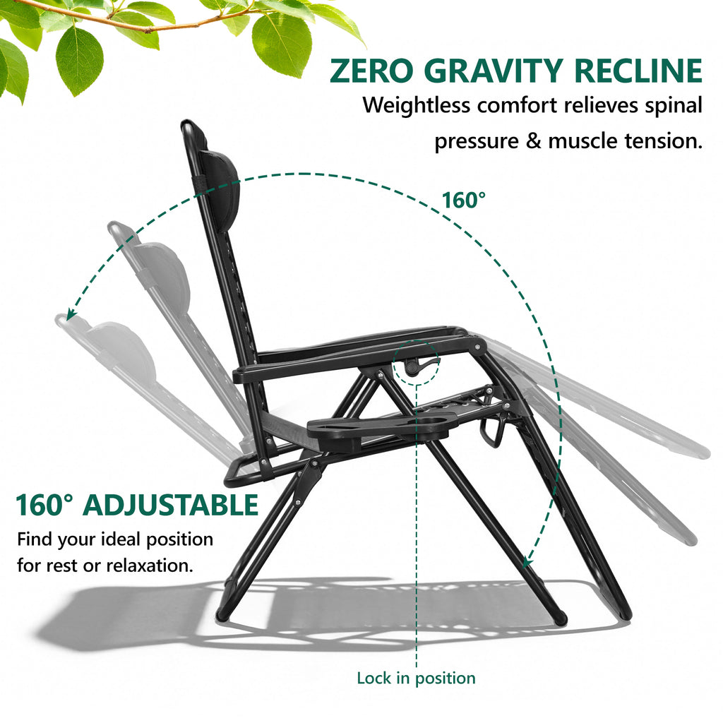 Zero Gravity Chair Set of 2 with Cup Holder & Removable Pillows, Adjustable Reclining Outdoor Patio Folding Chairs, Portable Lounge Chair for Poolside, Lawn, Beach, Camping