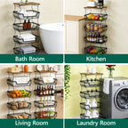 WASUHE Utility Rolling Cart, with Lockable Wheels,Fruit Vegetable Storage Basket Organizer Cart, Metal Storage Trolley for Kitchen Black