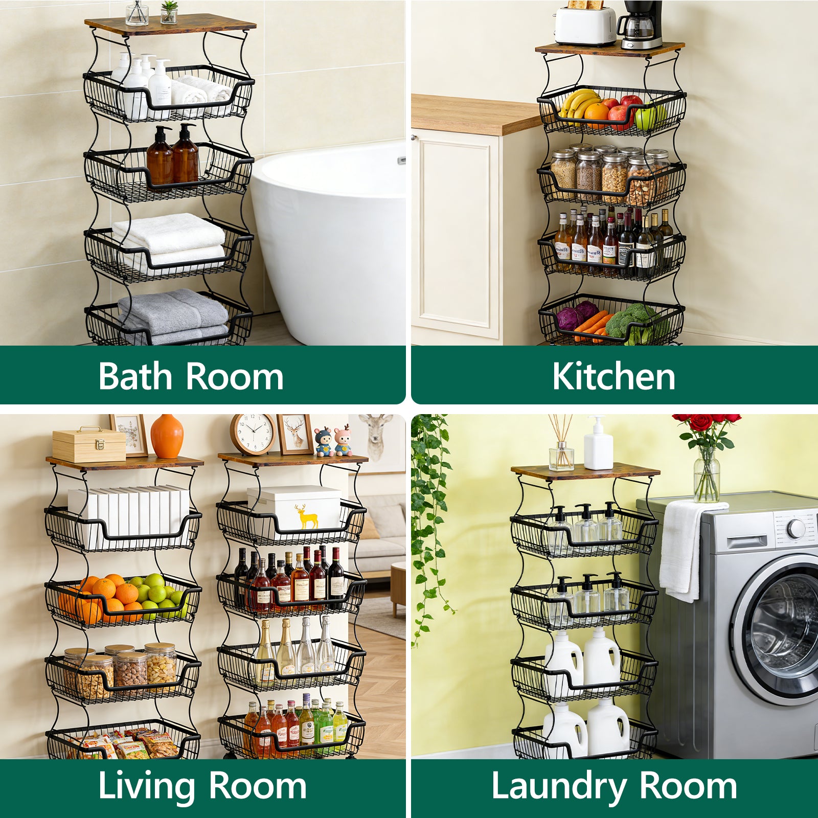 WASUHE Utility Rolling Cart, with Lockable Wheels,Fruit Vegetable Storage Basket Organizer Cart, Metal Storage Trolley for Kitchen Black