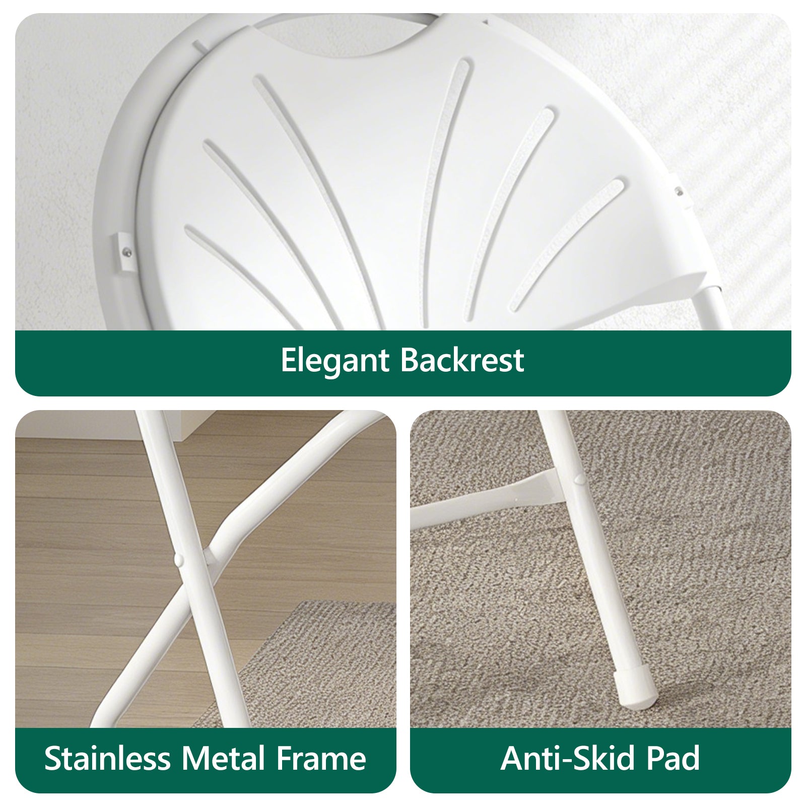 WASUHE Fan Back Folding Chairs, Stackable Plastic Folding Chairs with Reinforced Frame, Portable for Indoor Outdoor Party Wedding, Upgraded, White