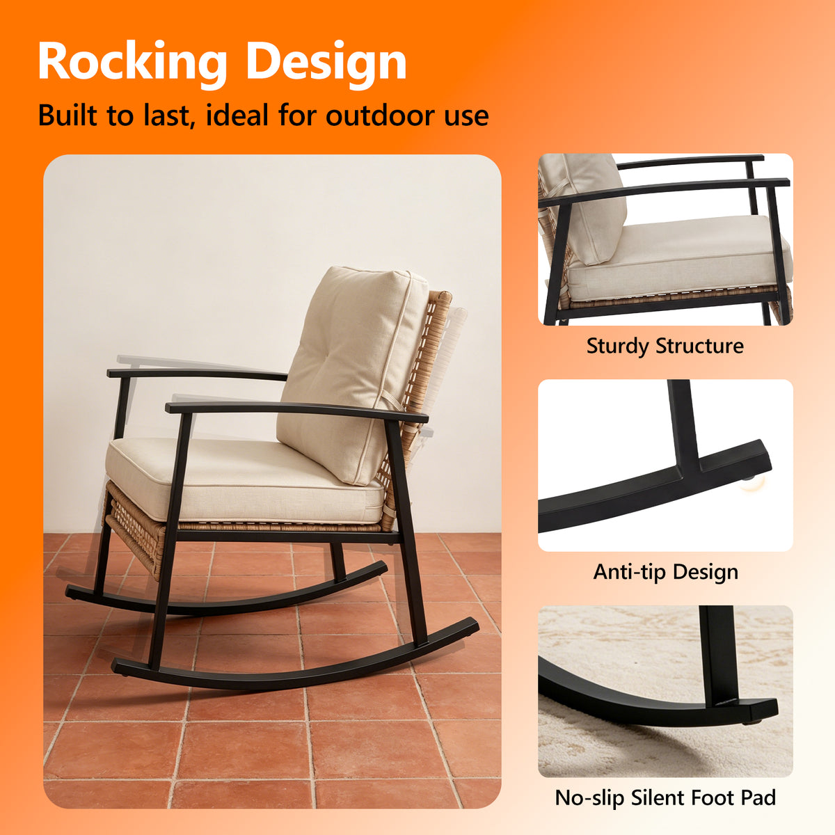HAIMULI 3 Pieces Outdoor Wicker Rocking Chair Set, Patio Rattan Rocker Chair with Cushions & Steel Frame, All-Weather Rocking Lawn Wicker Furniture for Garden Backyard Porch (Gray)