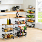 WASUHE Utility Rolling Cart, with Lockable Wheels,Fruit Vegetable Storage Basket Organizer Cart, Metal Storage Trolley for Kitchen Black