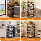 Fruit Basket Vegetable Storage Cart with Wooden Lid for Kitchen, 4-Tier Stackable Wire Fruit Organizer Stand on Wheel, Storage Stand for Vegetables, Snacks, Berverage