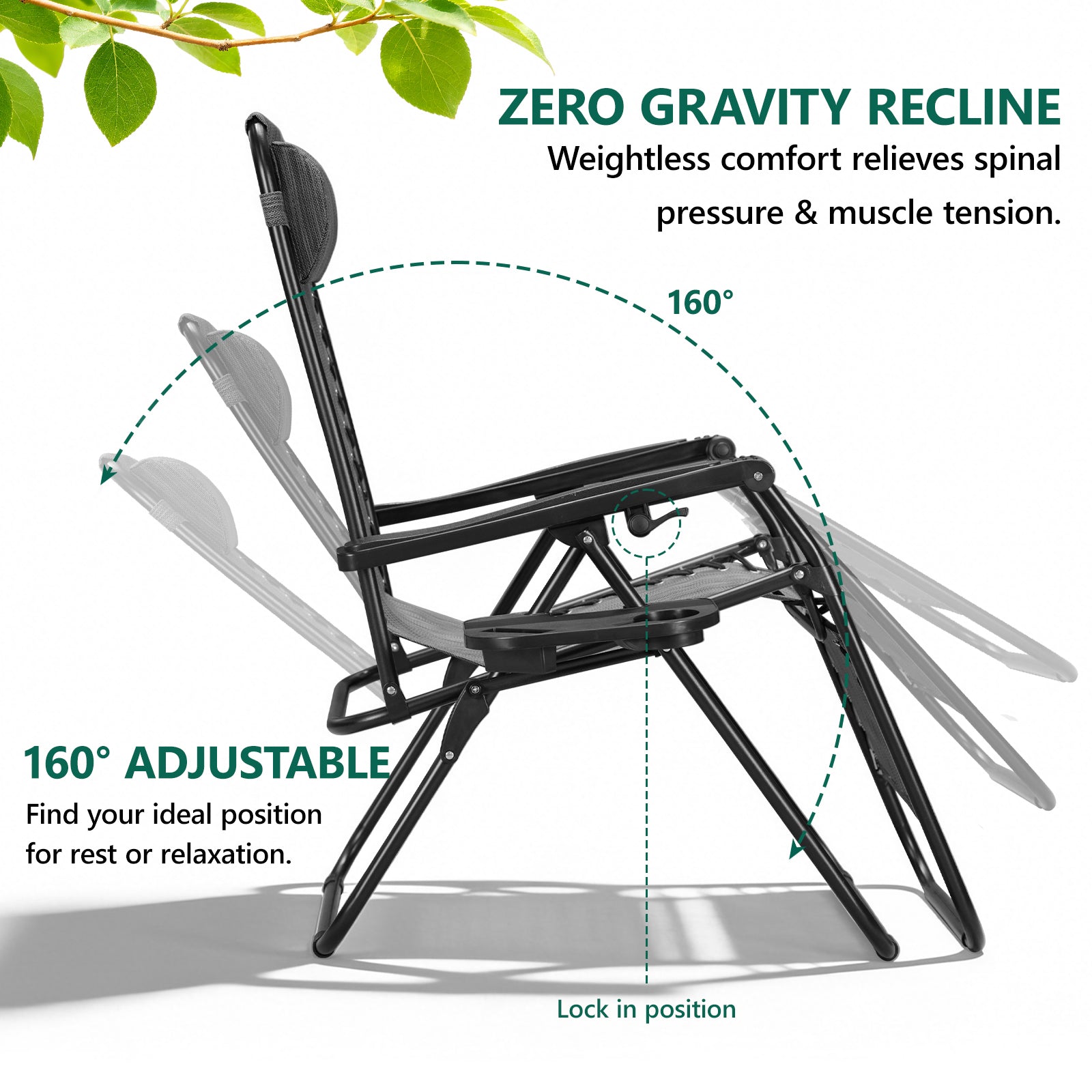 Zero Gravity Chair Set of 2 with Cup Holder & Removable Pillows, Adjustable Reclining Outdoor Patio Folding Chairs, Portable Lounge Chair for Poolside, Lawn, Beach, Camping