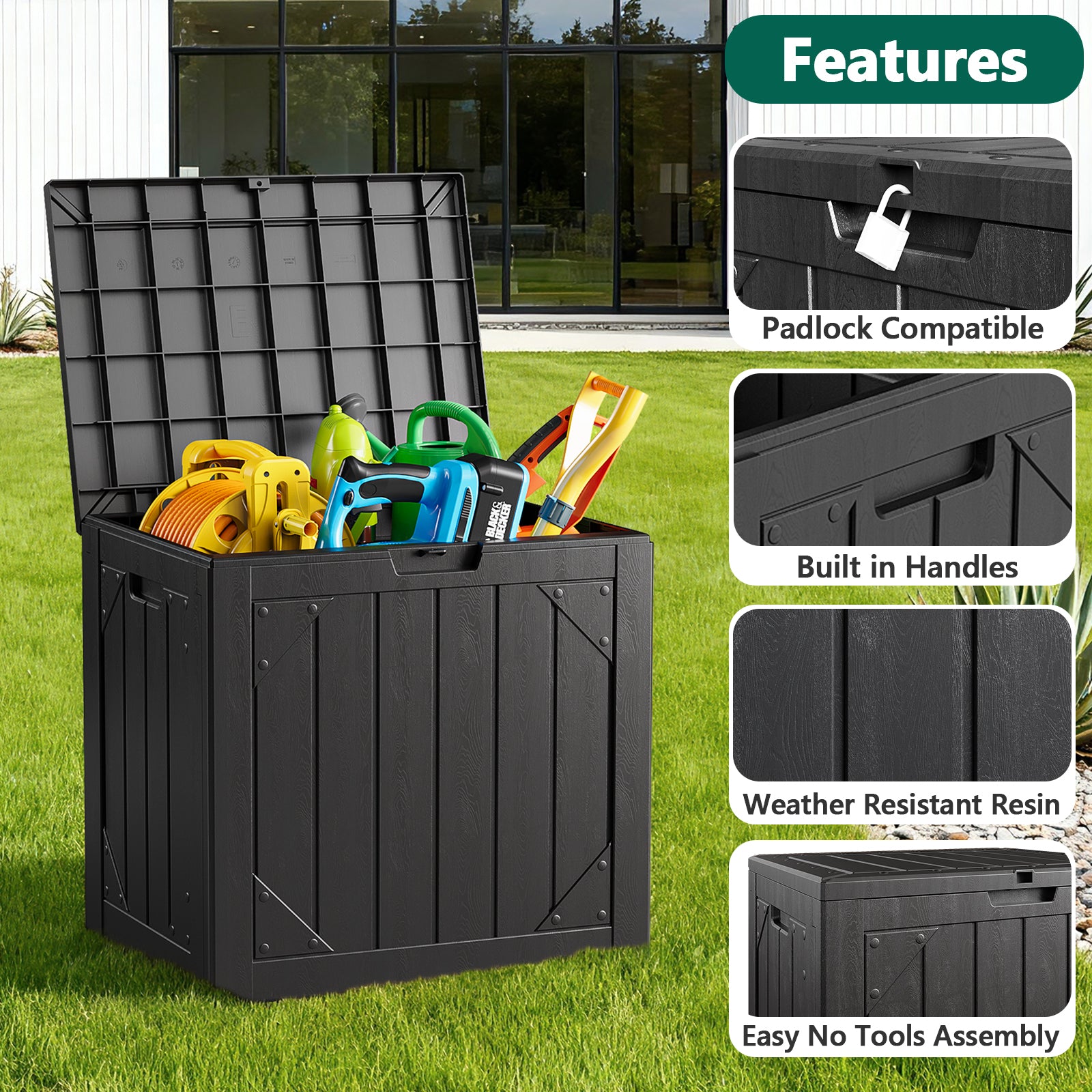 WASUHE 30 Gallon Resin Deck Box Waterproof Small Outdoor Storage Box for Patio Furniture Pool Accessories Indoor Storage for Cushion Garden Tools, UV Resistant, Lockable