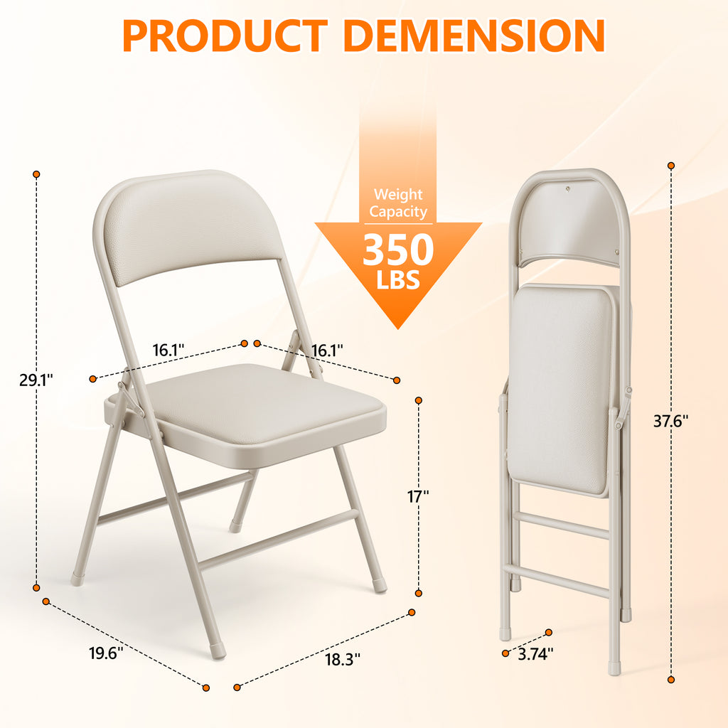 2 Pack Folding Chairs with PU Leather Padded Cushion and Back, Stackable Commercial Grade Metal Folding Chairs for Home and Office Indoor and Outdoor Events (White)