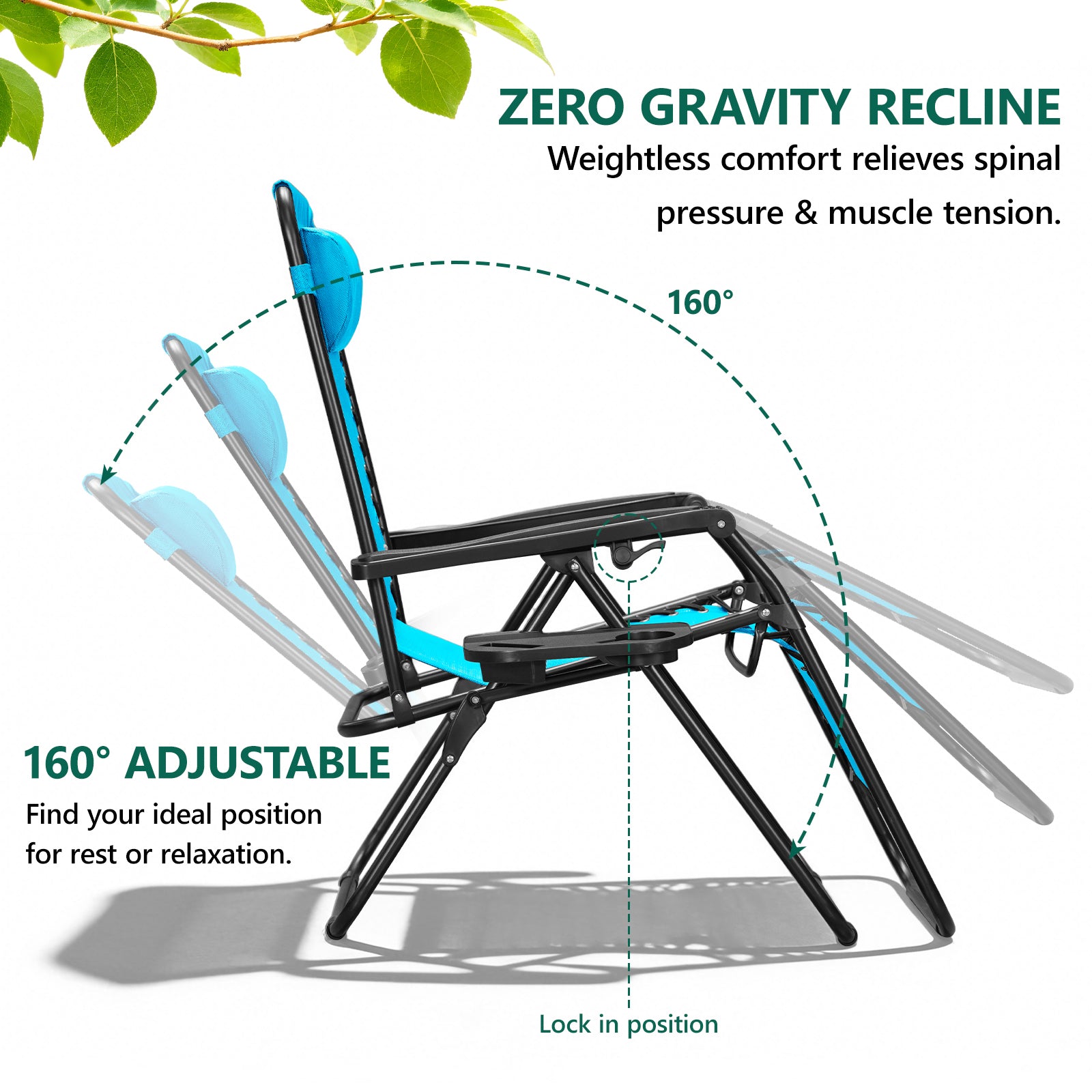 Zero Gravity Chair Set of 2 with Cup Holder & Removable Pillows, Adjustable Reclining Outdoor Patio Folding Chairs, Portable Lounge Chair for Poolside, Lawn, Beach, Camping