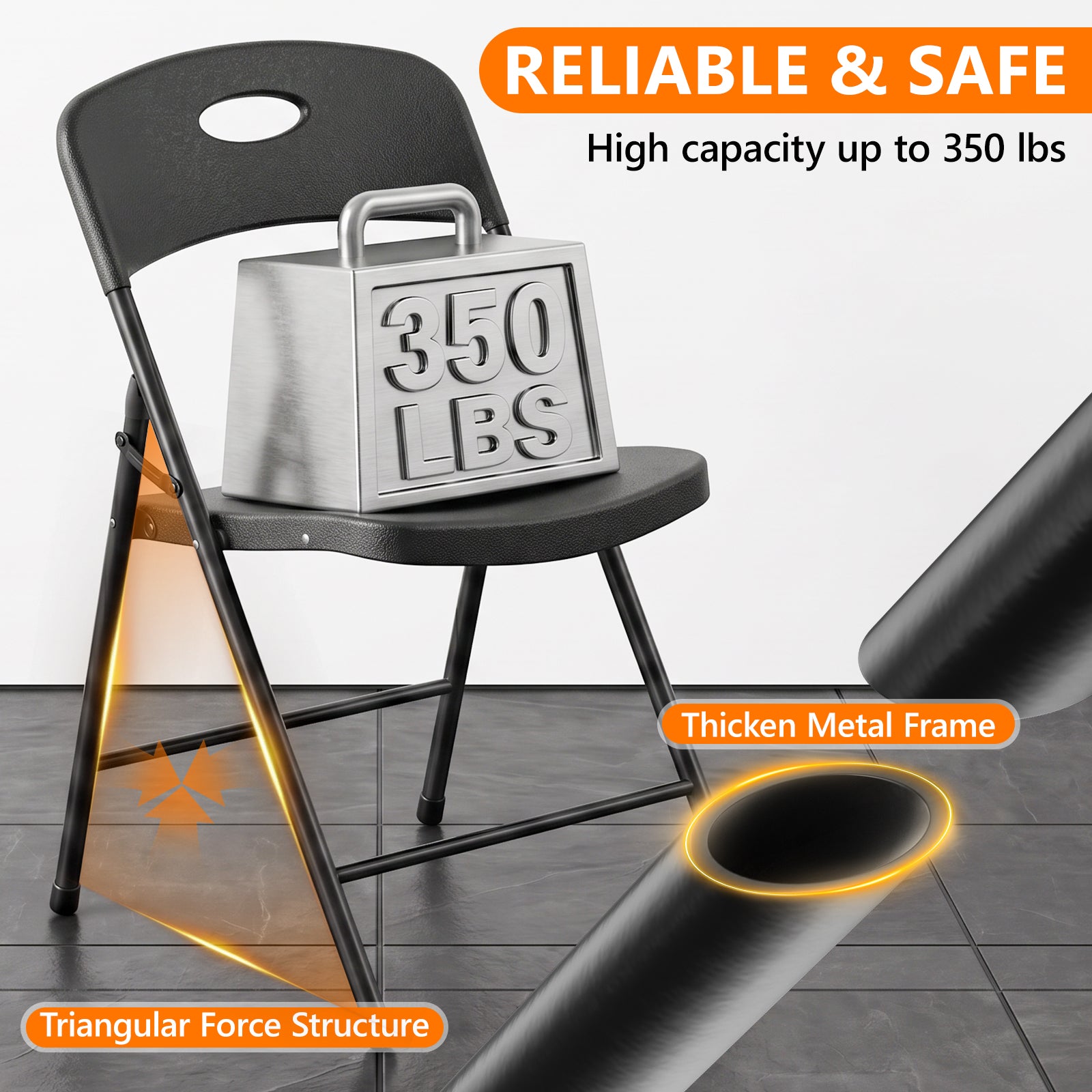 2 Pack Plastic Folding Chair, Sturdy Metal Folding Chairs for Outside Indoor, Portable 350 lbs Capacity Heavy Duty Stackable Commercial Seating for Picnic, Party, Patio (Black)