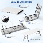 HaiCube 8 Foot Plastic Folding Table Portable Heavy Duty Rectangular Table with Carry Handle, Indoor Outdoor for Camping Picnic Party Dining, White