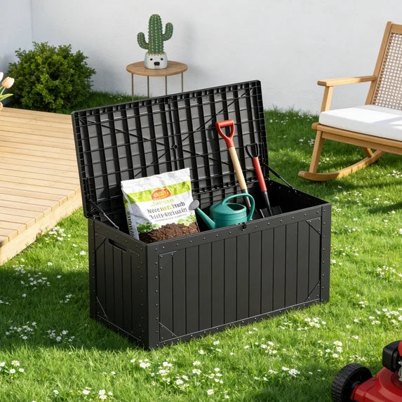 HaiNova 100 Gallon Outdoor Storage Resin Deck Box, Lockable Patio Outdoor Storage Box for Furniture, Garden Tools and Tools Storage, Waterproof, Gray