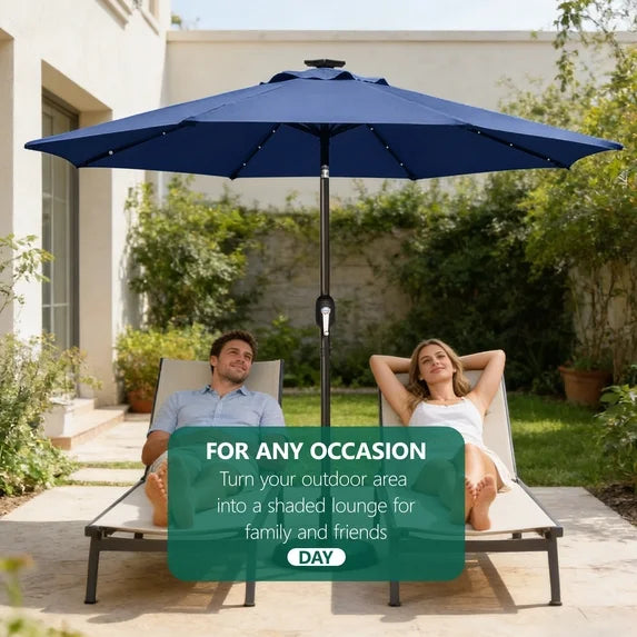 HaiNova 9ft Solar Patio Umbrella, Tilt Adjustment LED Outdoor Umbrella with 8 Reinforced Ribs for Garden, Backyard, Pool, Deep Blue