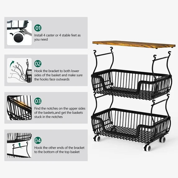 HaiNova 3-Tier Rolling Pantry Cart with Wheels and Top Shelf, Stackable Wire Snack Cart for Pantry Shelves, Kitchen Fruit, Vegetables Stand