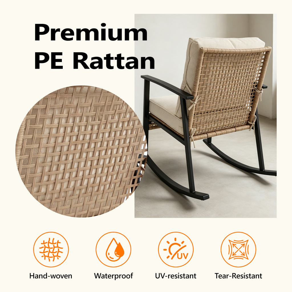 HAIMULI 3 Pieces Outdoor Wicker Rocking Chair Set, Patio Rattan Rocker Chair with Cushions & Steel Frame, All-Weather Rocking Lawn Wicker Furniture for Garden Backyard Porch (Gray)