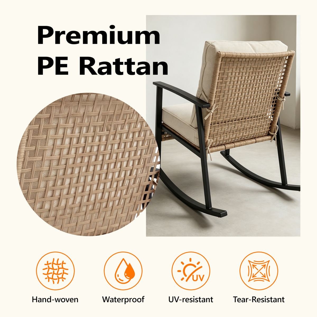 HAIMULI 3 Pieces Outdoor Wicker Rocking Chair Set, Patio Rattan Rocker Chair with Cushions & Steel Frame, All-Weather Rocking Lawn Wicker Furniture for Garden Backyard Porch (Gray)