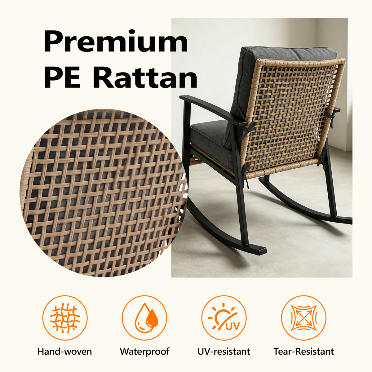 HAIMULI 3 Pieces Outdoor Wicker Rocking Chair Set, Patio Rattan Rocker Chair with Cushions & Steel Frame, All-Weather Rocking Lawn Wicker Furniture for Garden Backyard Porch (Gray)