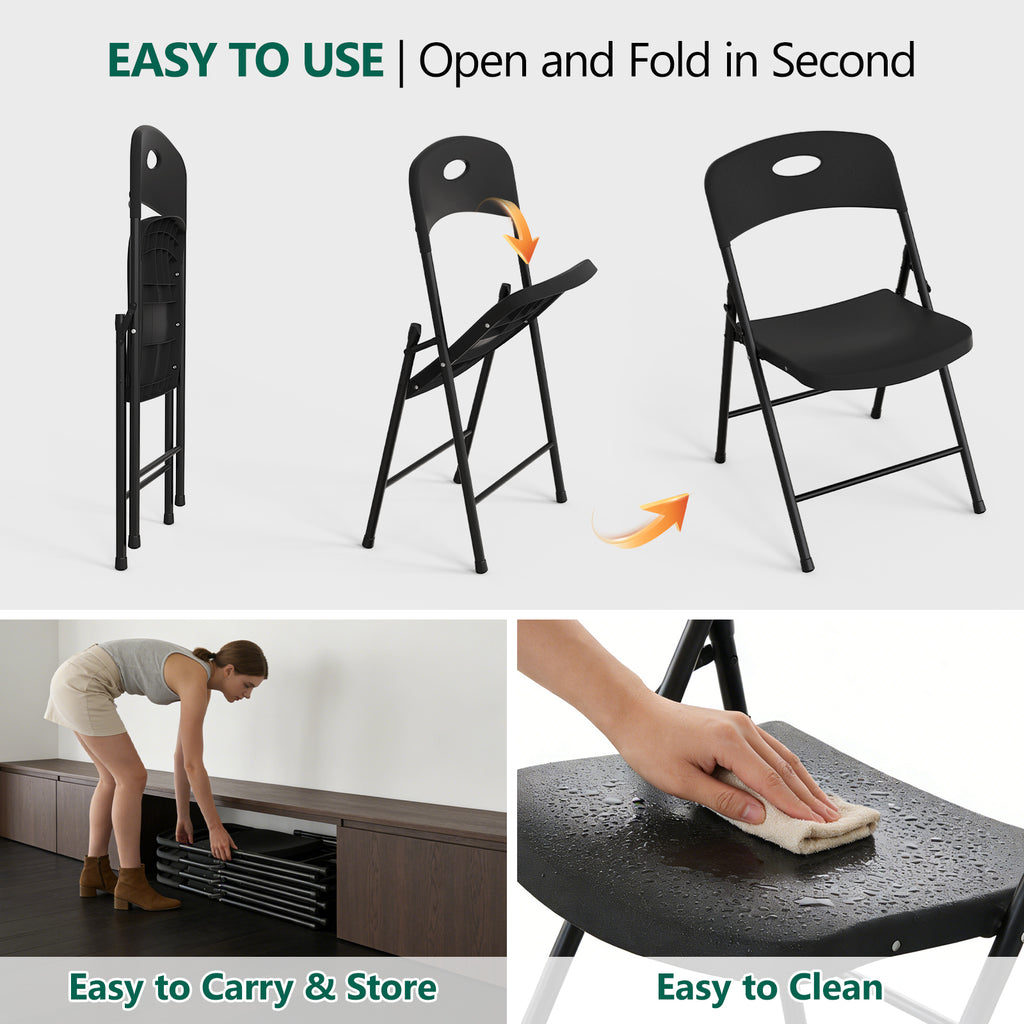 WASUHE Black Folding Chairs with Enhanced Iron Frame, Outdoor Plastic Stackable Foldable Chairs for Outside, Indoor, Party, Wedding, Meeting Room, Patio, Garden, Weight Capacity 350 lbs