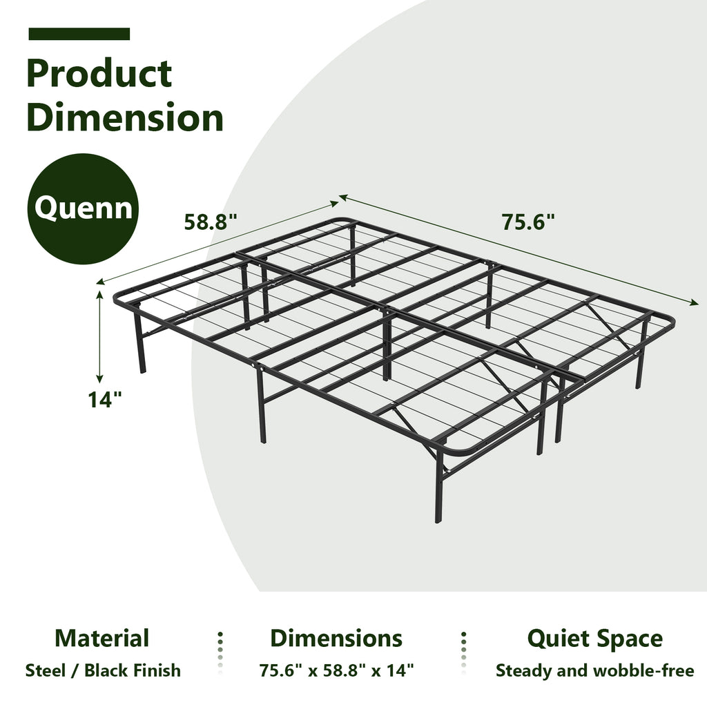 WASUHE 14" Height Queen Bed Frame, Heavy Duty Foldable Metal Platform Bed Frame with Underbed Storage for Bedrooms, No Box Spring Needed, Black