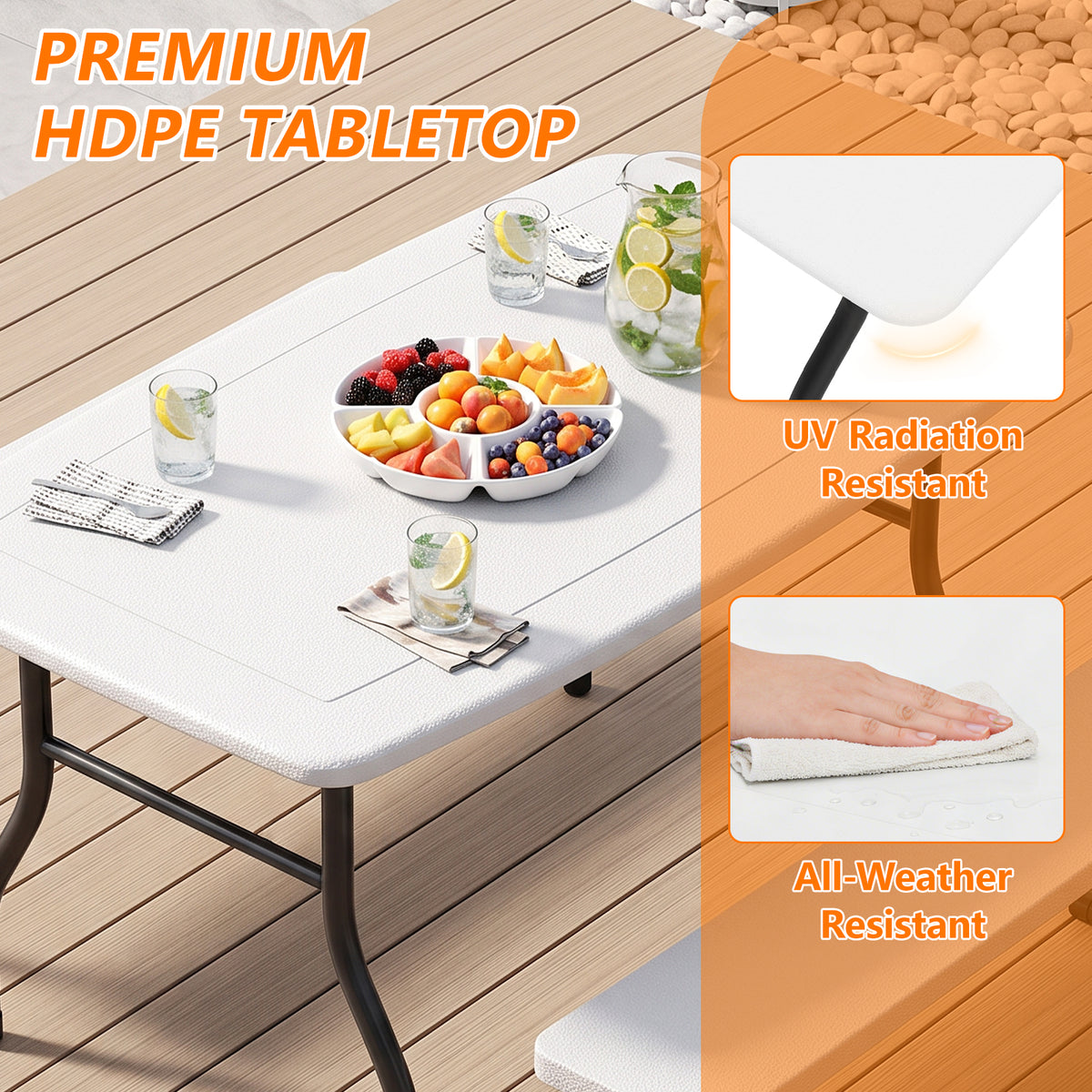 HAIMULI 38.2 Inch Picnic Table with 2 Benches, Durable All-Weather Steel Frame, Stable & Easy to Clean, Portable Camping Table and Chairs for Outdoor & Indoor Use