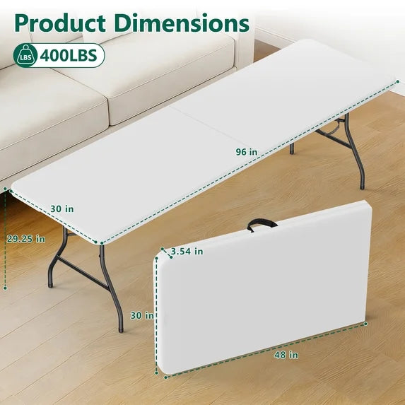 HaiNova 8FT Folding Table, Portable Heavy Duty Camping Table with Carrying Handle, Anti-fouling and Sun-Proof Suitable for Meetings, Parties, Camping and Weddings, White