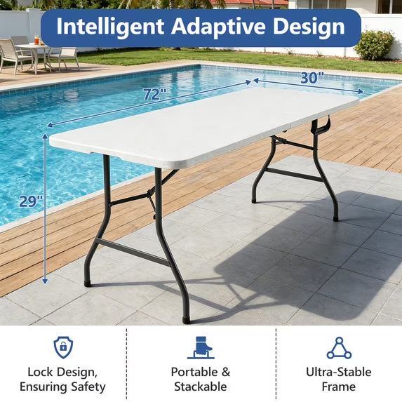 HaiCube 6FT Folding Table, 72" x 30" Extra Wide Heavy Duty Portable Table, Waterproof HDPE Plastic, Foldable Picnic Table for Camping, BBQ, Party, Dining, Indoor & Outdoor, White