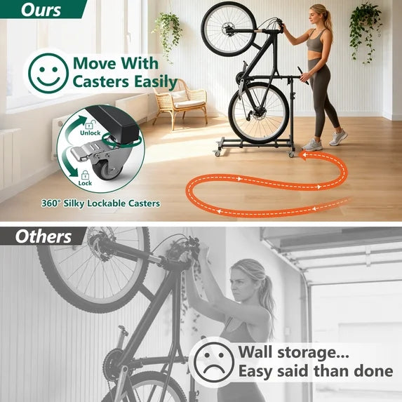 HaiNova Adjustable Height Vertical Bike Stand, Freestanding Bike Rack with Wheels for Garage & Apartment, Safe & Secure, for Wheels Sizes up to 29”