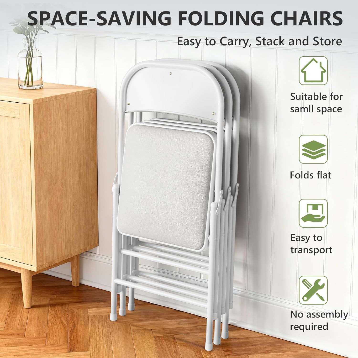 WASUHE 8 Pack Folding Chairs with PU Vinyl Padded Seat & Back, 330 lbs Heavy Duty Metal Frame, Stackable & Easy Storage, Foldable Chairs for Wedding, Party, Office & Events, White