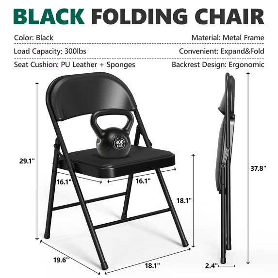 HaiCube 8-Pack PU Leather Padded Folding Chair, Heavy Duty Portable Folding Chair with Metal Frame, No Assembly Indoor Chair, Black